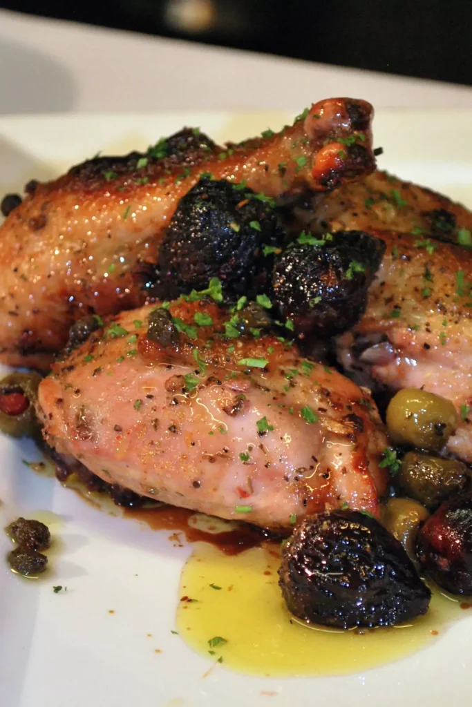 Chicken Marbella served on an oval platter, garnished with olives, prunes, and fresh oregano