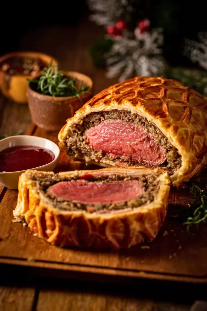 An elegant serving of Beef Wellington, showcasing a golden, flaky puff pastry with a tender beef steak and mushroom filling inside.