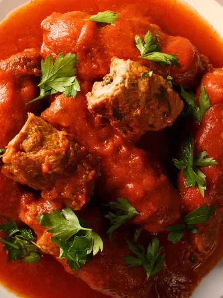 A plate of sliced braciole served over spaghetti, topped with rich tomato sauce, grated Parmesan, and fresh parsley.