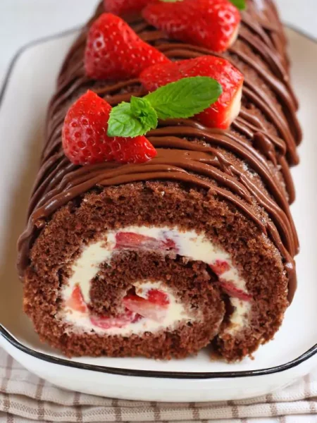 A roll of chocolate Swiss roll with creamy filling, dusted with strawberries, served on a white plate.