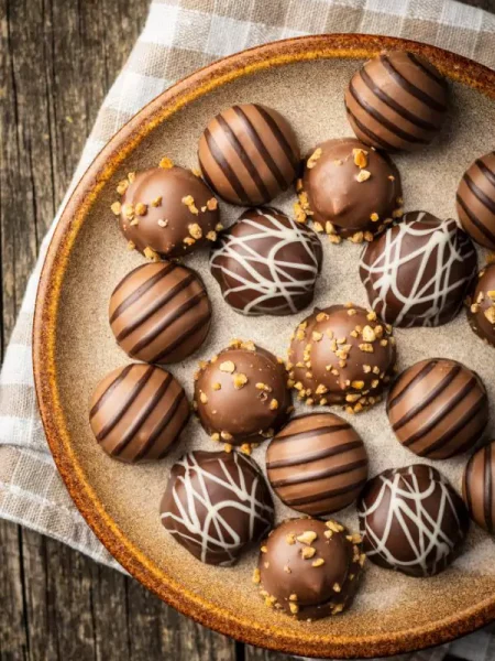 A close-up view of Coconut Bonbons coated in chocolate and set on a wooden platter, perfect for Christmas celebrations.