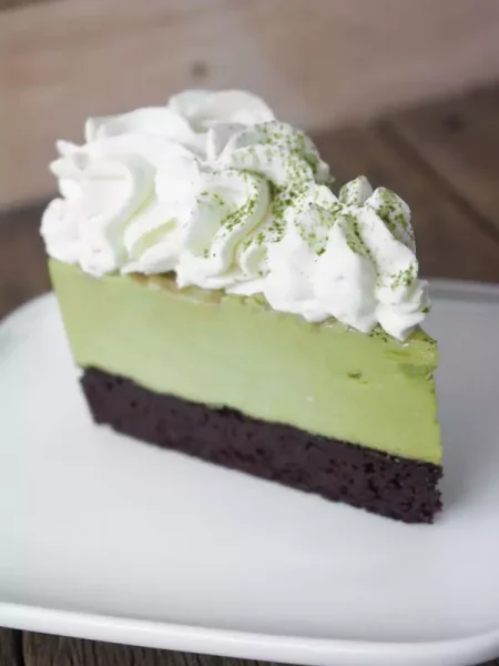 A slice of grasshopper pie with a chocolate cookie crust and minty green filling, topped with white cream.
