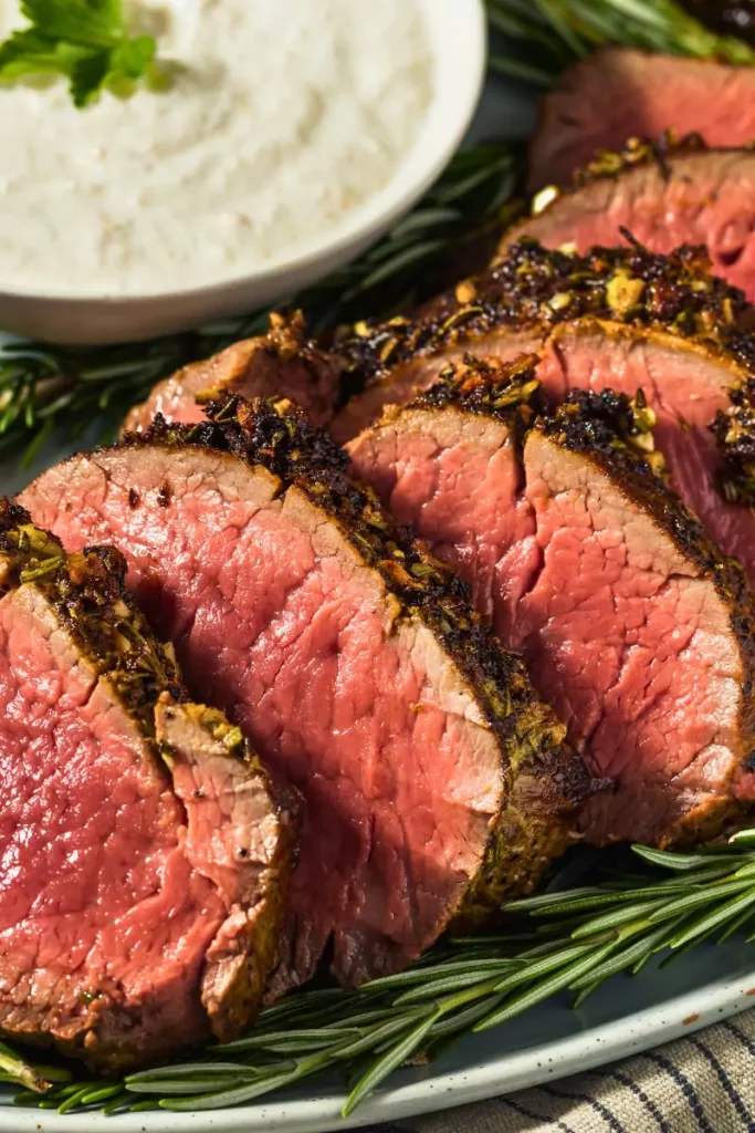 A perfectly roasted beef tenderloin on a wooden board, garnished with fresh herbs