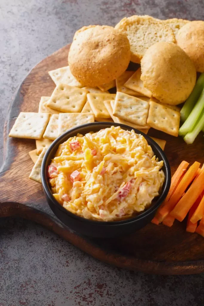 A bowl of creamy pimiento cheese spread garnished with pimientos, ready to be served with crackers or as a sandwich filling.