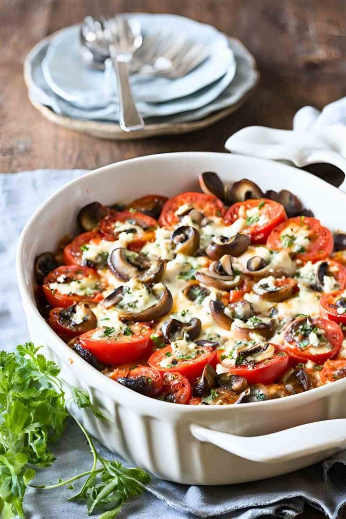 Baked Tomato, Mushroom & Goat Cheese Pasta