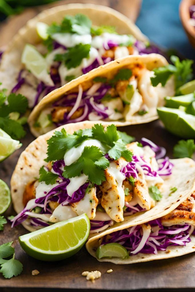 Halibut Fish Tacos with Cilantro Savoy Slaw