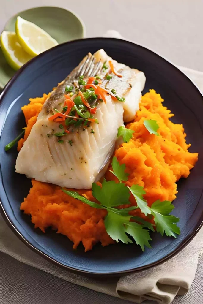 Steamed Ginger Fish with Mashed Sweet Potatoes