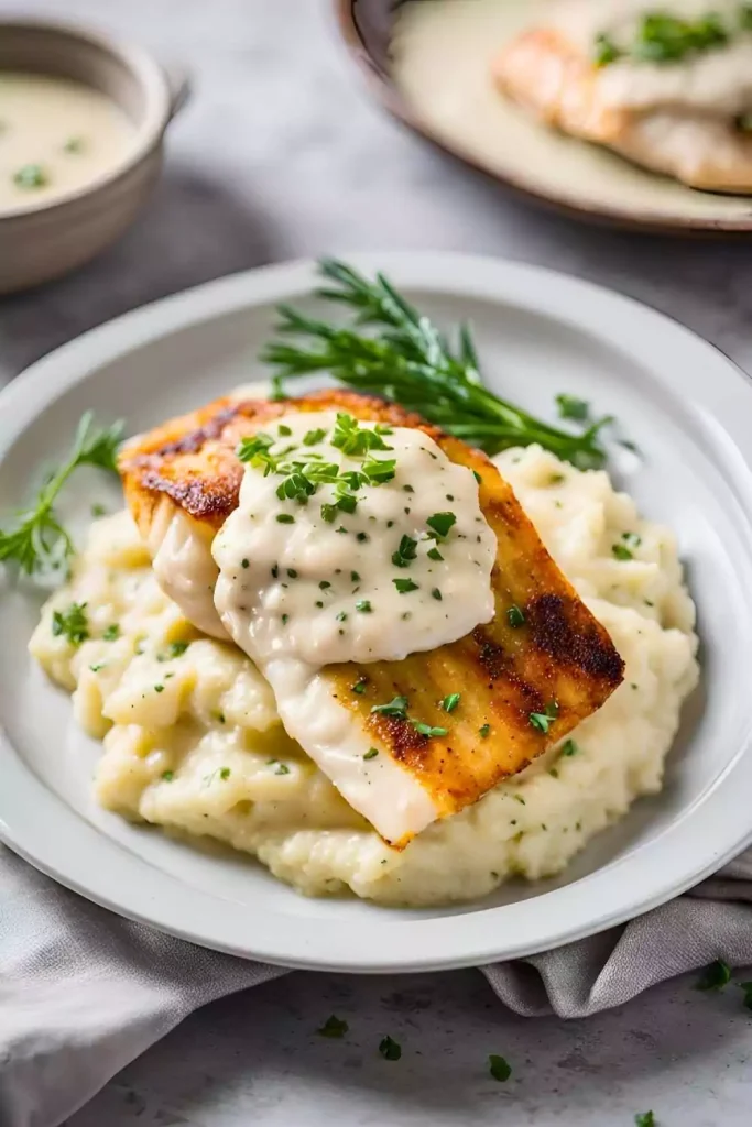 White Fish with Cream Sauce Over Mashed Cauliflower