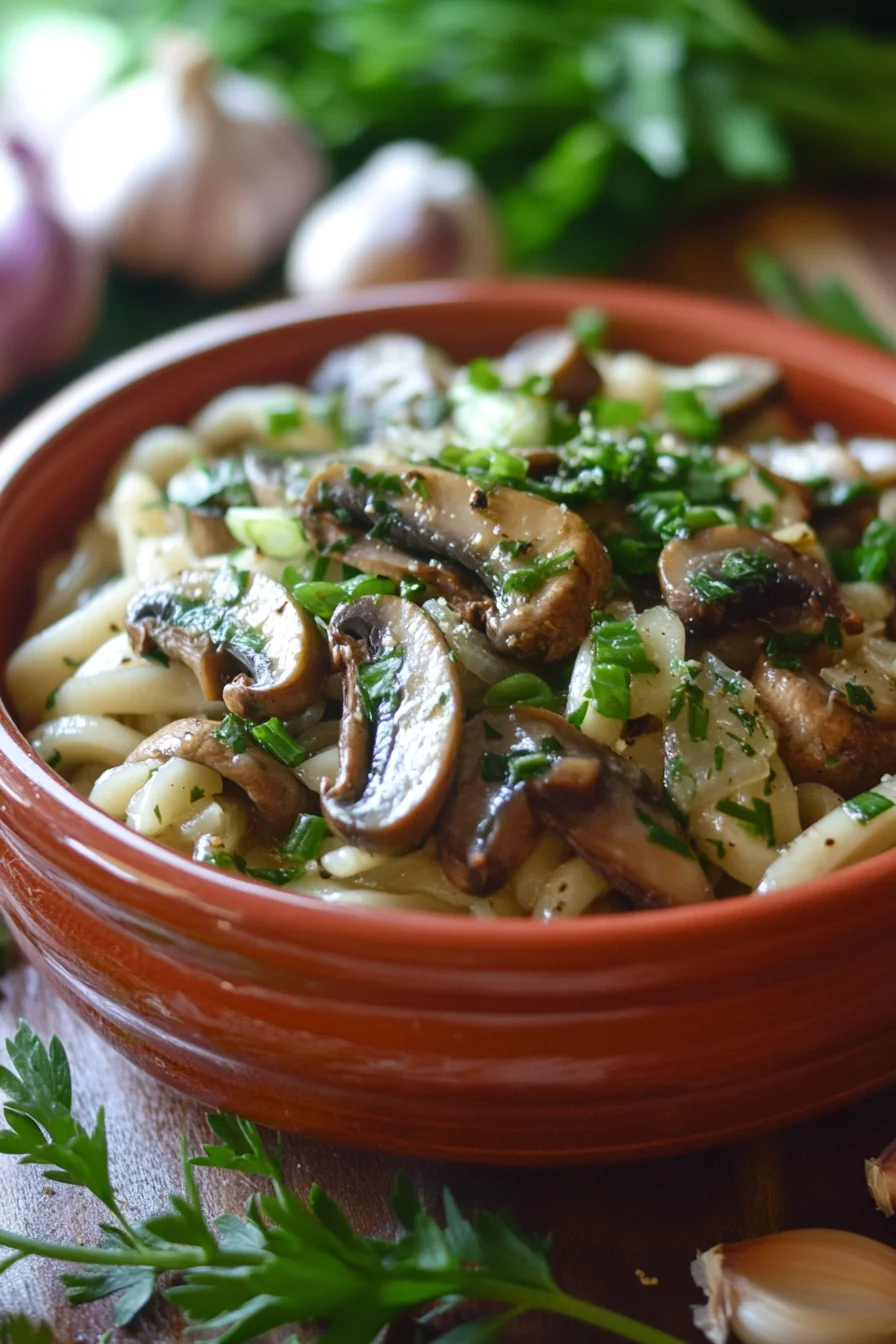 Vegan Garlic Udon With Mushrooms