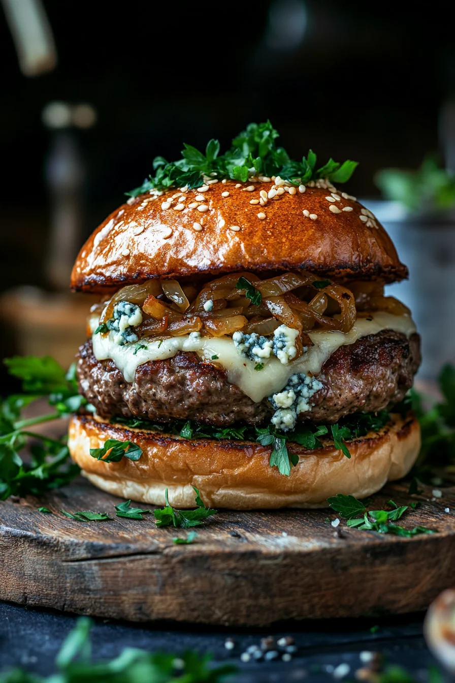 Wagyu Burger With Blue Cheese and Caramelized Onions